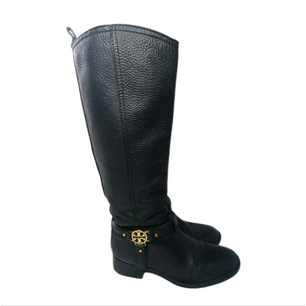 Tory Burch Black Leather Riding Boots Women's Size 5 M Gold Logo Accent